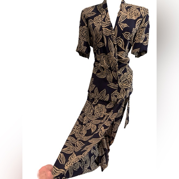 80s 2PC DANA BUCHMAN SILK NAVY & TAN FLORAL FITTED LUXURY TOP & WRAP MAXI SKIRT - Picture 4 of 14
